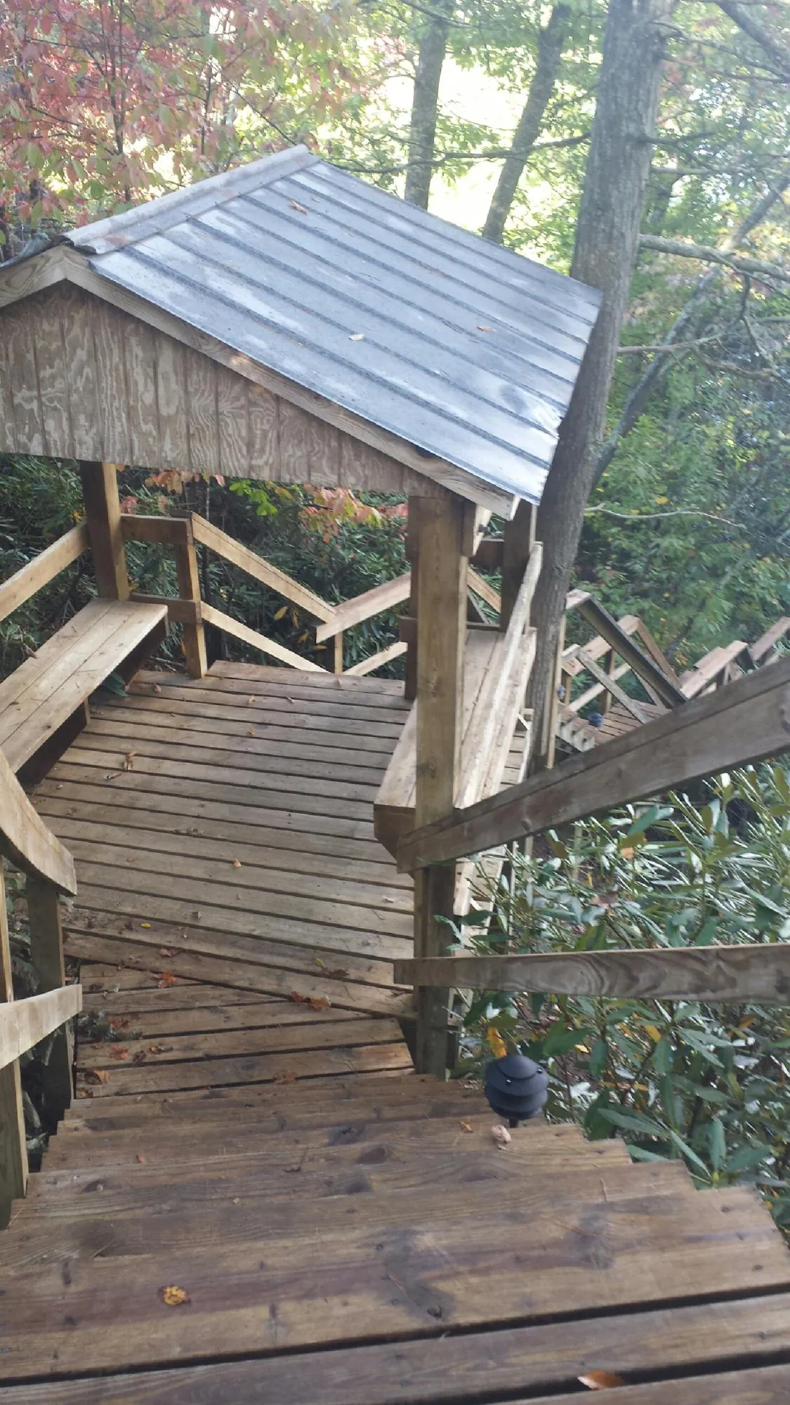 Metal roofed shelter over wooden steps on a wooded walkway — Skylight Repair & Installation work by our crew in Aroda